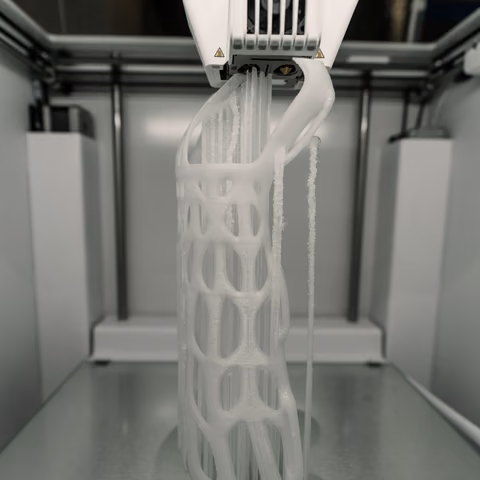 Pieza de plástico blanco recién impresa dentro de la impresora 3D